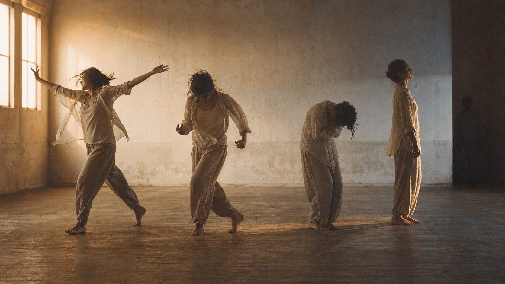 A dancer appears in four successive movements across a timeworn room, moving from outward energy into grounded stillness.
